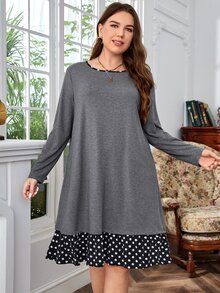 EMERY ROSE Plus Polka Dot Print Ruffle Hem Button Split Back Dress - Dark Grey - View 3