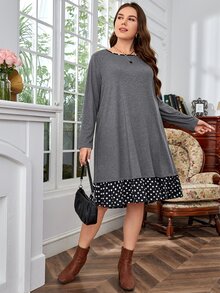 EMERY ROSE Plus Polka Dot Print Ruffle Hem Button Split Back Dress - Dark Grey - View 5