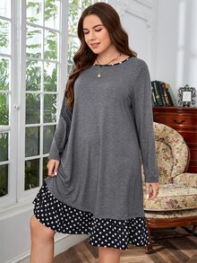 EMERY ROSE Plus Polka Dot Print Ruffle Hem Button Split Back Dress - Dark Grey - View 4