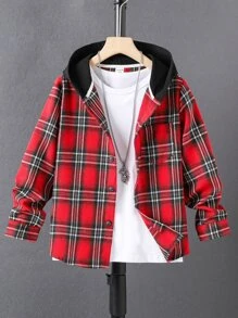 男孩格紋補丁貼口袋連帽襯衫不帶T恤