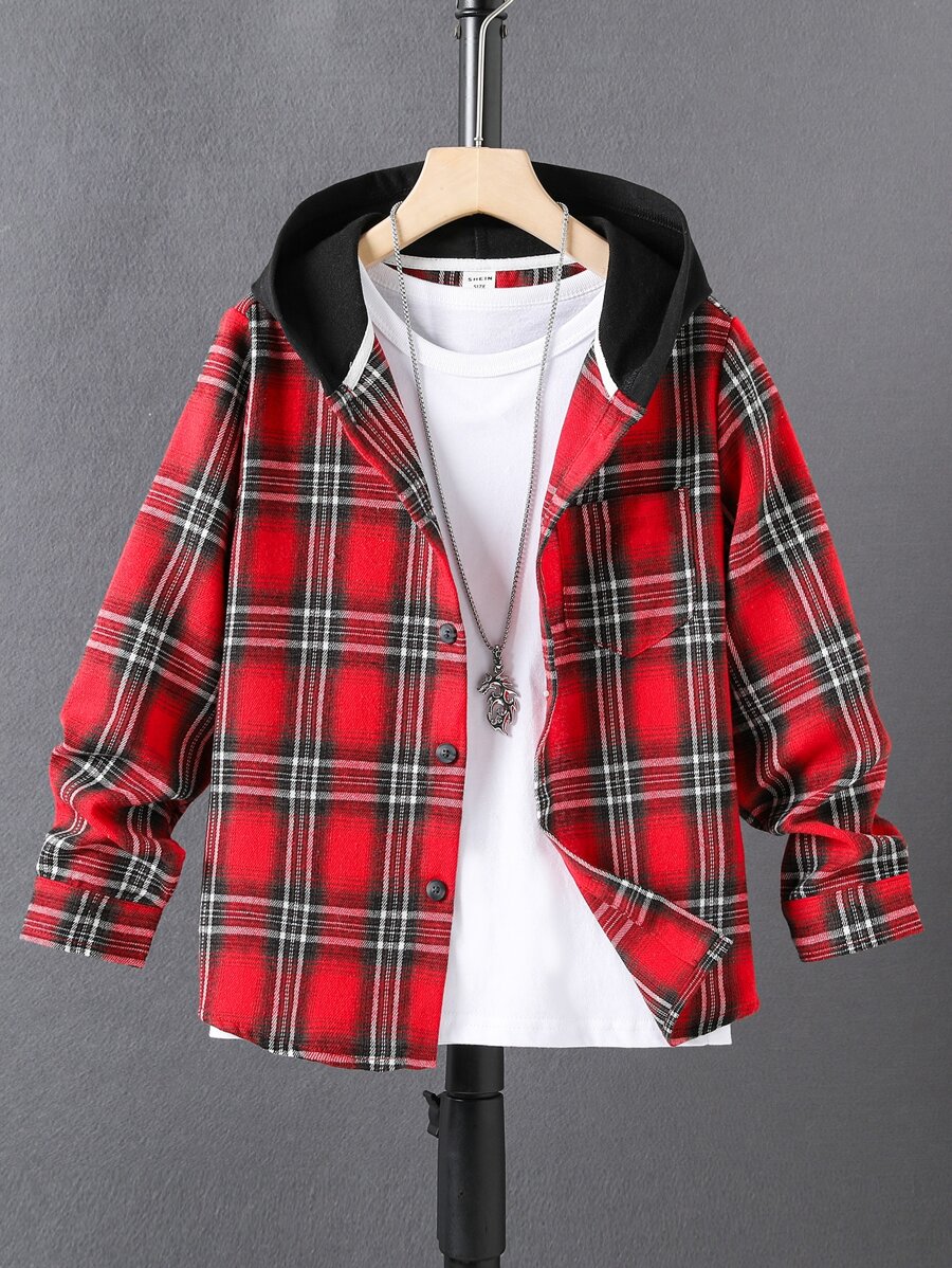 男孩格紋補丁貼口袋連帽襯衫不帶T恤