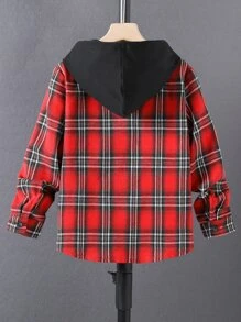 男孩格紋補丁貼口袋連帽襯衫不帶T恤