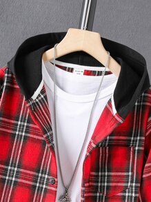 男孩格紋補丁貼口袋連帽襯衫不帶T恤