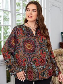 EMERY ROSE Plus Mandala Print Notched Neckline Flounce Sleeve Blouse - Multicolor - View 1