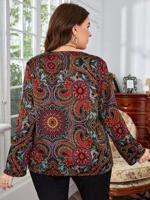 EMERY ROSE Plus Mandala Print Notched Neckline Flounce Sleeve Blouse - Multicolor - View 2