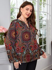 EMERY ROSE Plus Mandala Print Notched Neckline Flounce Sleeve Blouse - Multicolor - View 3