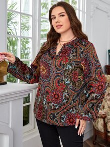 EMERY ROSE Plus Mandala Print Notched Neckline Flounce Sleeve Blouse - Multicolor - View 4