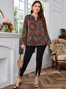 EMERY ROSE Plus Mandala Print Notched Neckline Flounce Sleeve Blouse - Multicolor - View 5