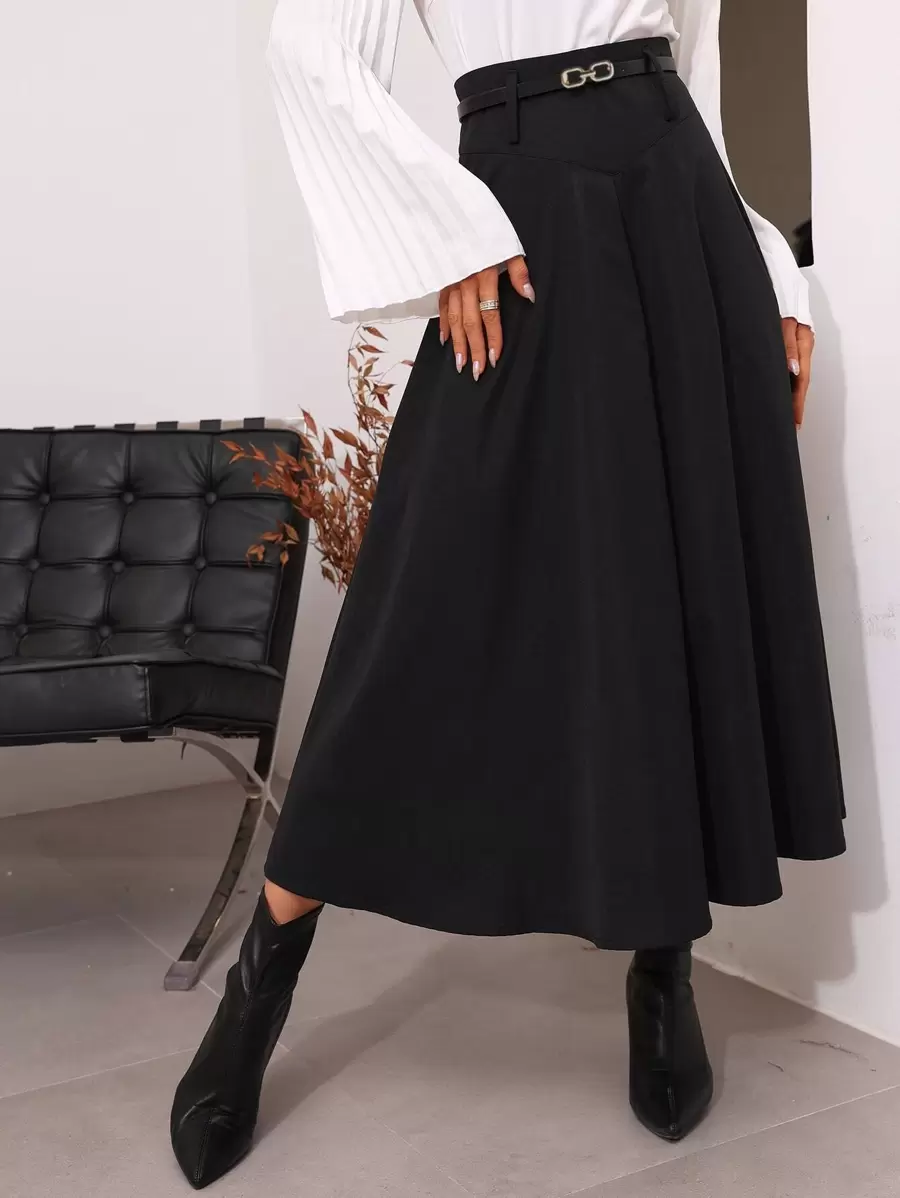 Modelyn High Waist Belted Flare Skirt - Black - View 1