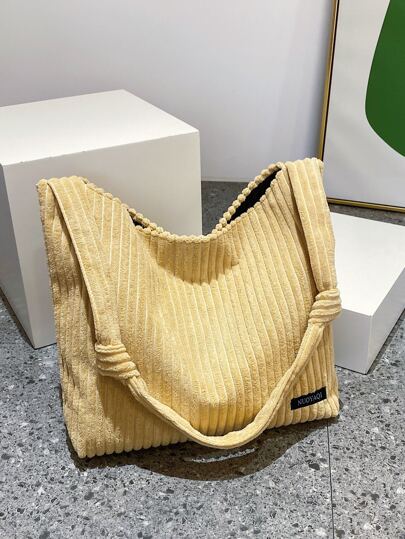 Letter Patch Decor Corduroy Shoulder Bag