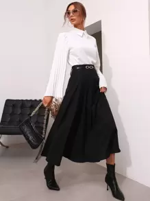 Modelyn High Waist Belted Flare Skirt - Black - View 3