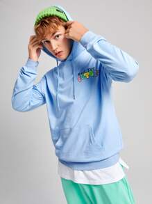 Manfinity RebelGame Loose Fit Men Cartoon & Slogan Graphic Drop Shoulder Drawstring Hoodie - Baby Blue - View 2