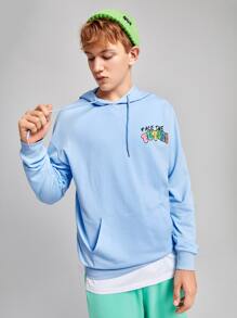 Manfinity RebelGame Loose Fit Men Cartoon & Slogan Graphic Drop Shoulder Drawstring Hoodie - Baby Blue - View 3