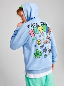 Manfinity RebelGame Loose Fit Men Cartoon & Slogan Graphic Drop Shoulder Drawstring Hoodie - Baby Blue - View 4