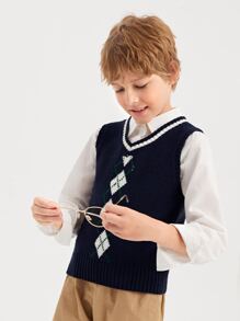 SHEIN Boys Argyle Pattern Sweater Vest Without Shirt - Black - View 4