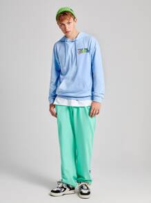 Manfinity RebelGame Loose Fit Men Cartoon & Slogan Graphic Drop Shoulder Drawstring Hoodie - Baby Blue - View 5