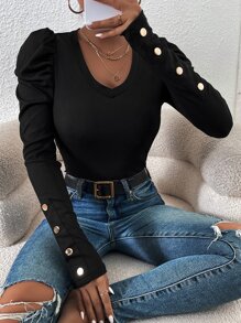 Chiquease 紐扣細節羊腿袖T恤 - 黑色 - 查看 1