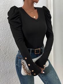 Chiquease 紐扣細節羊腿袖T恤 - 黑色 - 查看 5