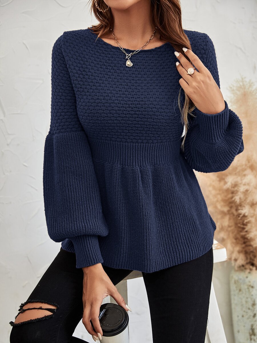 SHEIN Frenchy Solid Lantern Sleeve Jumper - Navy Blue - View 1