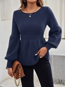 SHEIN Frenchy Solid Lantern Sleeve Jumper - Navy Blue - View 4