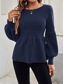 SHEIN Frenchy Solid Lantern Sleeve Jumper - Navy Blue - View 5