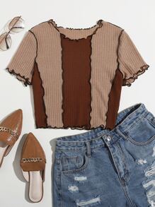 SHEIN EZwear Lettuce Trim Colourblock Tee - Brown - View 1