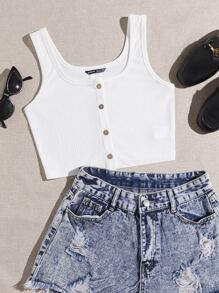 SHEIN EZwear Áo hai dây Gân đan màu trơn Giải trí - trắng - Xem 1