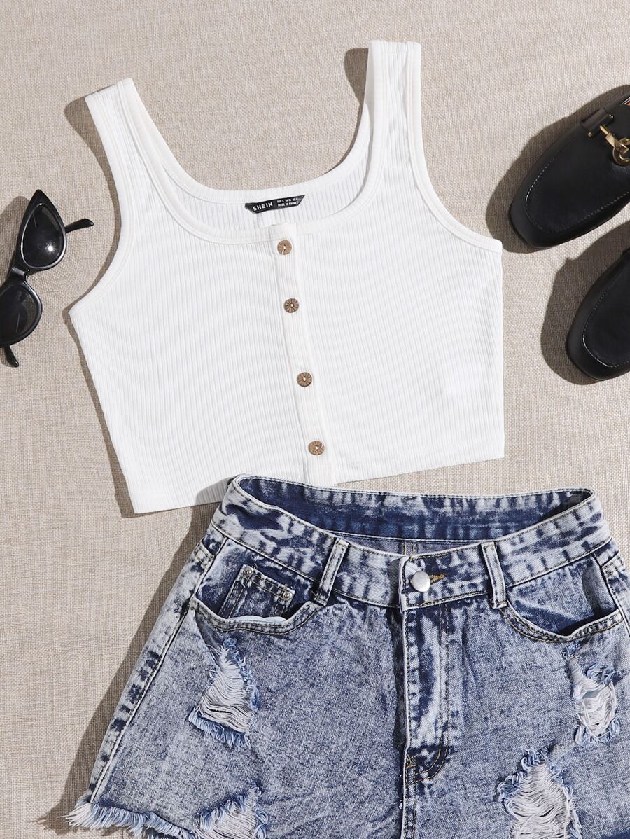 SHEIN EZwear Áo hai dây Gân đan màu trơn Giải trí - trắng - Xem 1