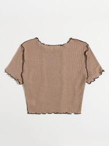 SHEIN EZwear Lettuce Trim Colourblock Tee - Brown - View 2