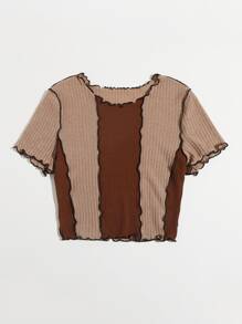 SHEIN EZwear Lettuce Trim Colourblock Tee - Brown - View 3
