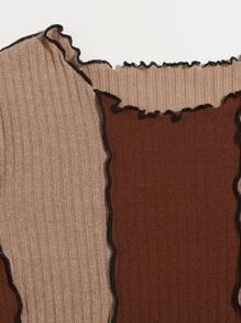 SHEIN EZwear Lettuce Trim Colourblock Tee - Brown - View 5