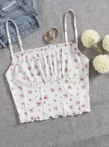 Soleia WYWH Women Vacation Spring Break Lettuce Trim Ruched Bust Ditsy Floral Cami White Top - White - View 1