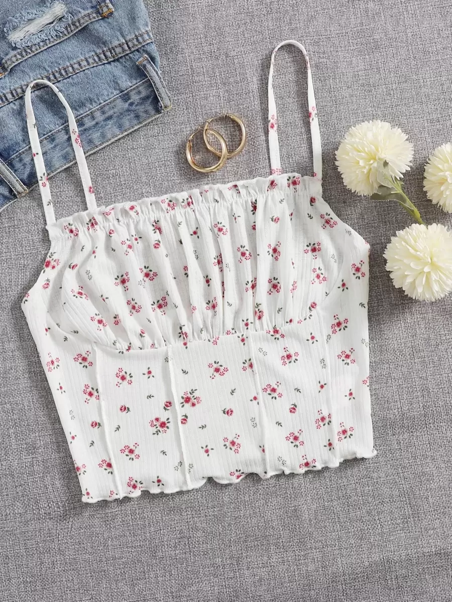 Soleia WYWH Women Vacation Spring Break Lettuce Trim Ruched Bust Ditsy Floral Cami White Top - White - View 1