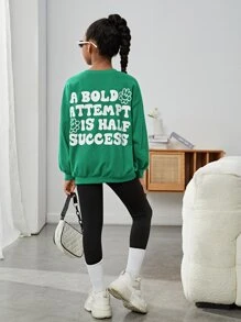 SHEIN Girls Slogan Graphic Drop Shoulder Pullover - Green - View 2