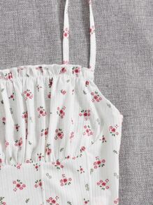 Soleia WYWH Women Vacation Spring Break Lettuce Trim Ruched Bust Ditsy Floral Cami White Top - White - View 3