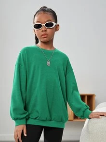 SHEIN Girls Slogan Graphic Drop Shoulder Pullover - Green - View 3