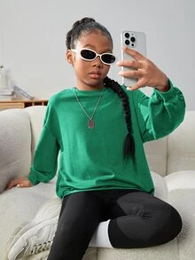 SHEIN Girls Slogan Graphic Drop Shoulder Pullover - Green - View 4