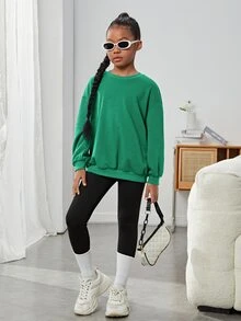 SHEIN Girls Slogan Graphic Drop Shoulder Pullover - Green - View 5