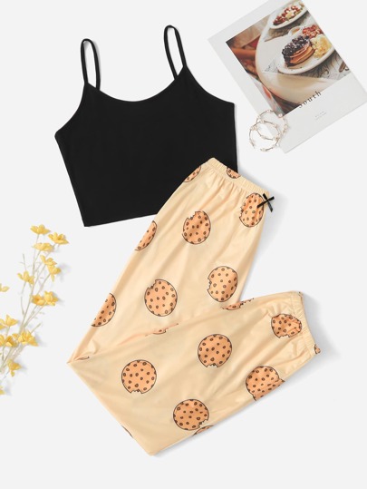 Solid Cami Top & Cookie Print Pants PJ Set
