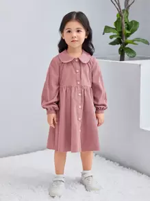 SHEIN 少女燈籠袖褶邊灰絨布罩衣洋裝