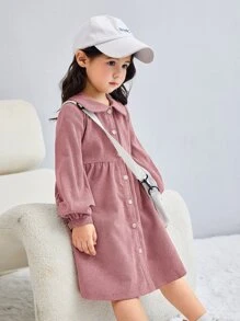 SHEIN 少女燈籠袖褶邊灰絨布罩衣洋裝