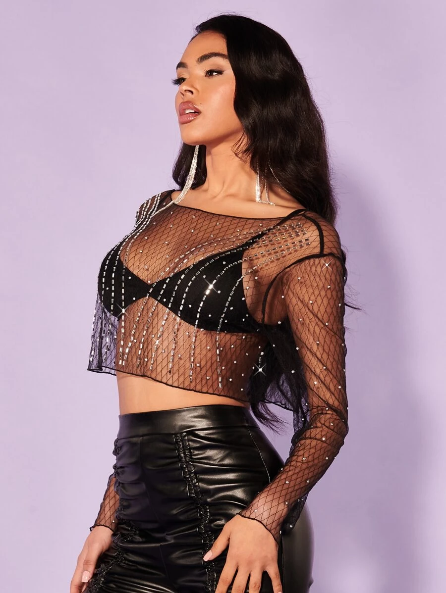 SHEIN BAE Áo nữ Xù nhỏ Pha lê kim cương cắt màu trơn Gợi cảm - màu đen - Xem 1