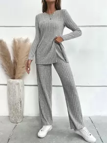 SHEIN LUNE Ribbed Knit Split Hem Tee & Trousers - Light Grey - View 1