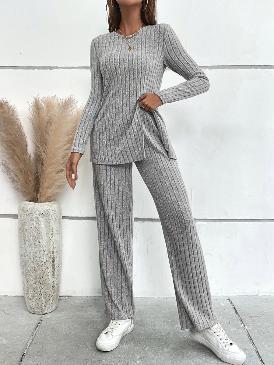 SHEIN LUNE Ribbed Knit Split Hem Tee & Trousers - Light Grey - View 1
