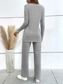 SHEIN LUNE Ribbed Knit Split Hem Tee & Trousers - Light Grey - View 2