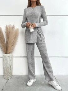 SHEIN LUNE Ribbed Knit Split Hem Tee & Trousers - Light Grey - View 4
