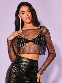 SHEIN BAE Áo nữ Xù nhỏ Pha lê kim cương cắt màu trơn Gợi cảm - màu đen - Xem 5