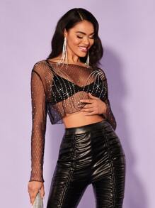 SHEIN BAE Áo nữ Xù nhỏ Pha lê kim cương cắt màu trơn Gợi cảm - màu đen - Xem 6