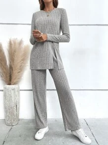 SHEIN LUNE Ribbed Knit Split Hem Tee & Trousers - Light Grey - View 6