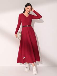 Mulvari Burgundy Red Patched Detail V Neck Dress Without Belt - Burgundy - View 1